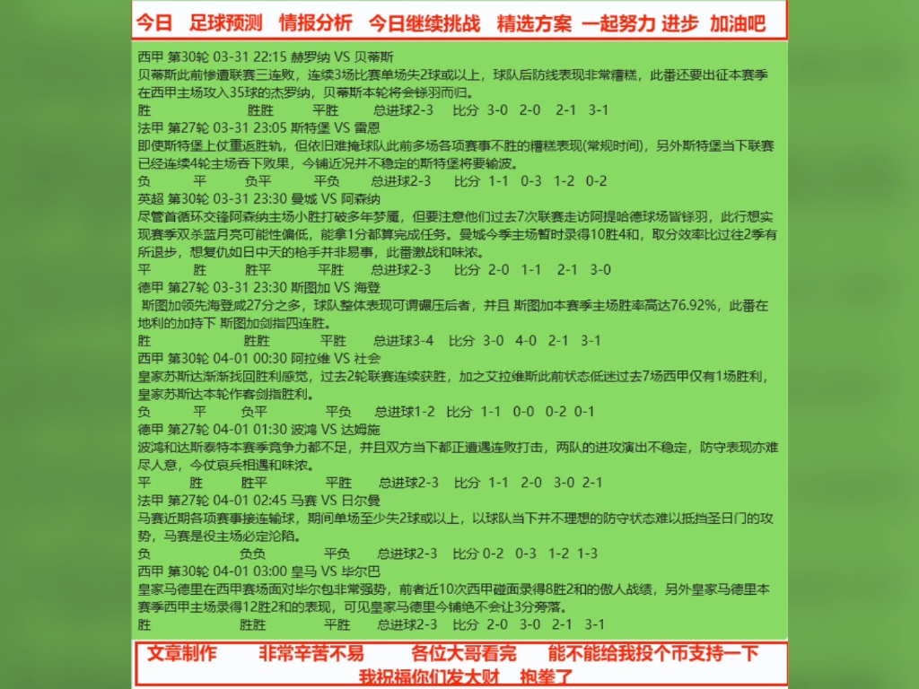 今日，足球预测，情报分析，西甲，法甲，英超，德甲，今日继续挑战，精选方案，一起努力进步吧，加油